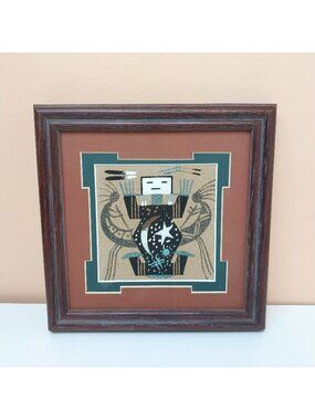 Navajo Sandpainting Signed Yazzie Rustic Wooden Frame 7" x 7" Kokopelli Kachina